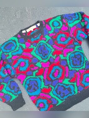 Vintage Perry Ellis Portfolio 100% Wool Hand Knit Sweater Multicolor Geometic S